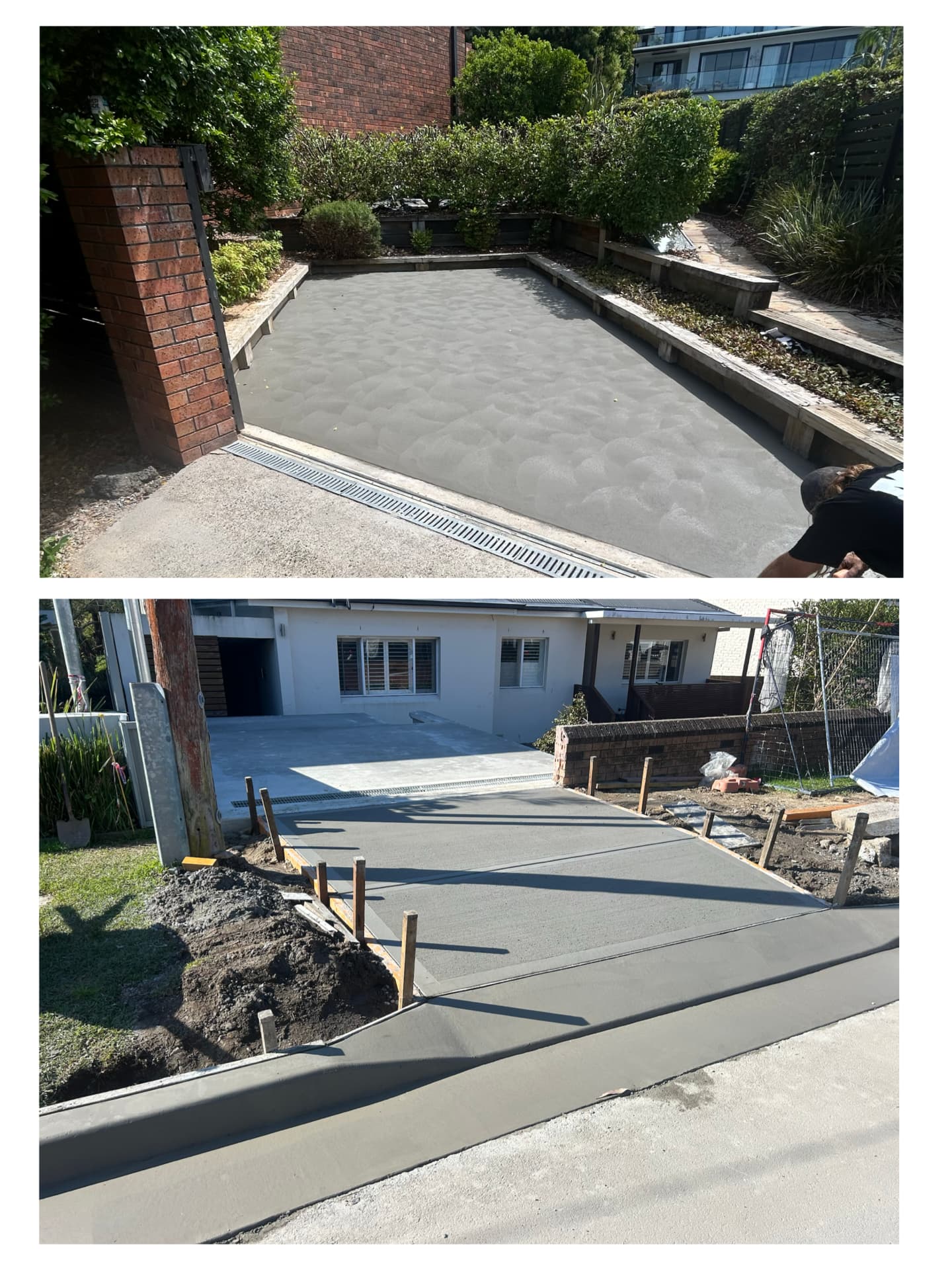 Before and after of a concrete driveway pour with drainage grate and kerb crossing