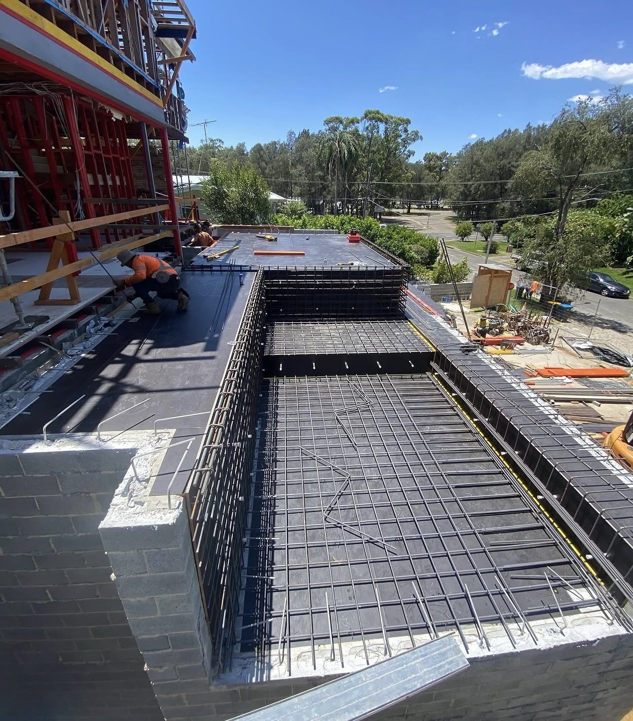 Suspended structural formwork and steel reinforcement on a build